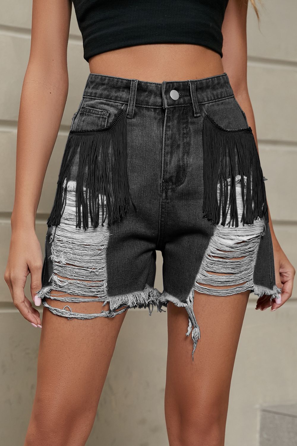 Fringe Trim Distressed Denim Shorts with Pockets Coco’s Tee Boutique