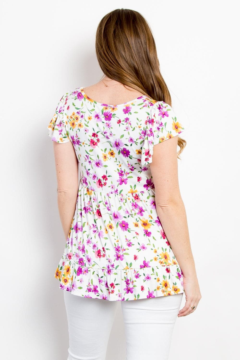 Be Stage Floral Short Sleeve Ruffled Top.