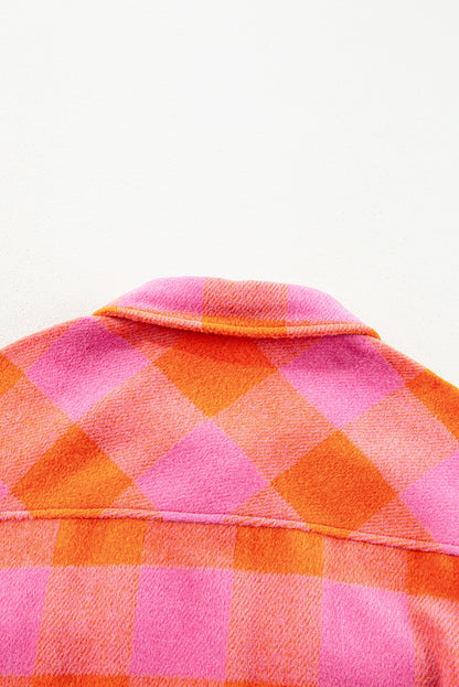 Orange plaid button-up jacket with chest pockets and turn-down collar