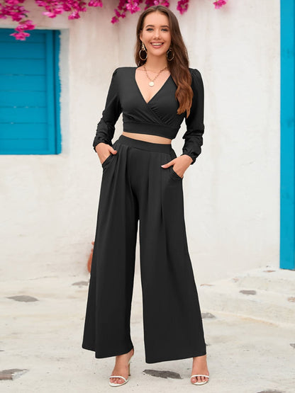 Surplice Top and Wide Leg Pants Set.