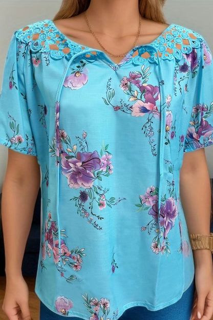 Full Size Printed Tie Neck Short Sleeve Blouse.