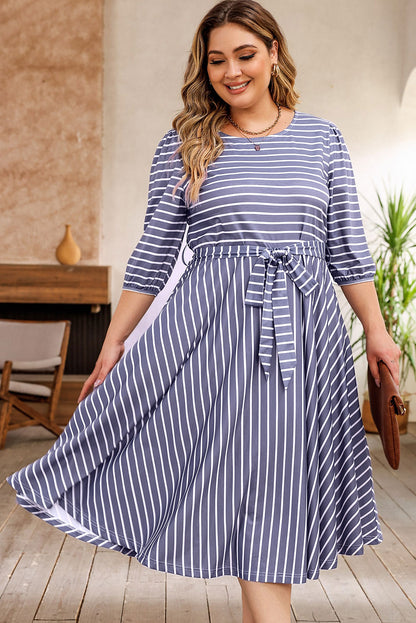 Chic gray striped plus size dress with tie waist and 3/4 sleeves