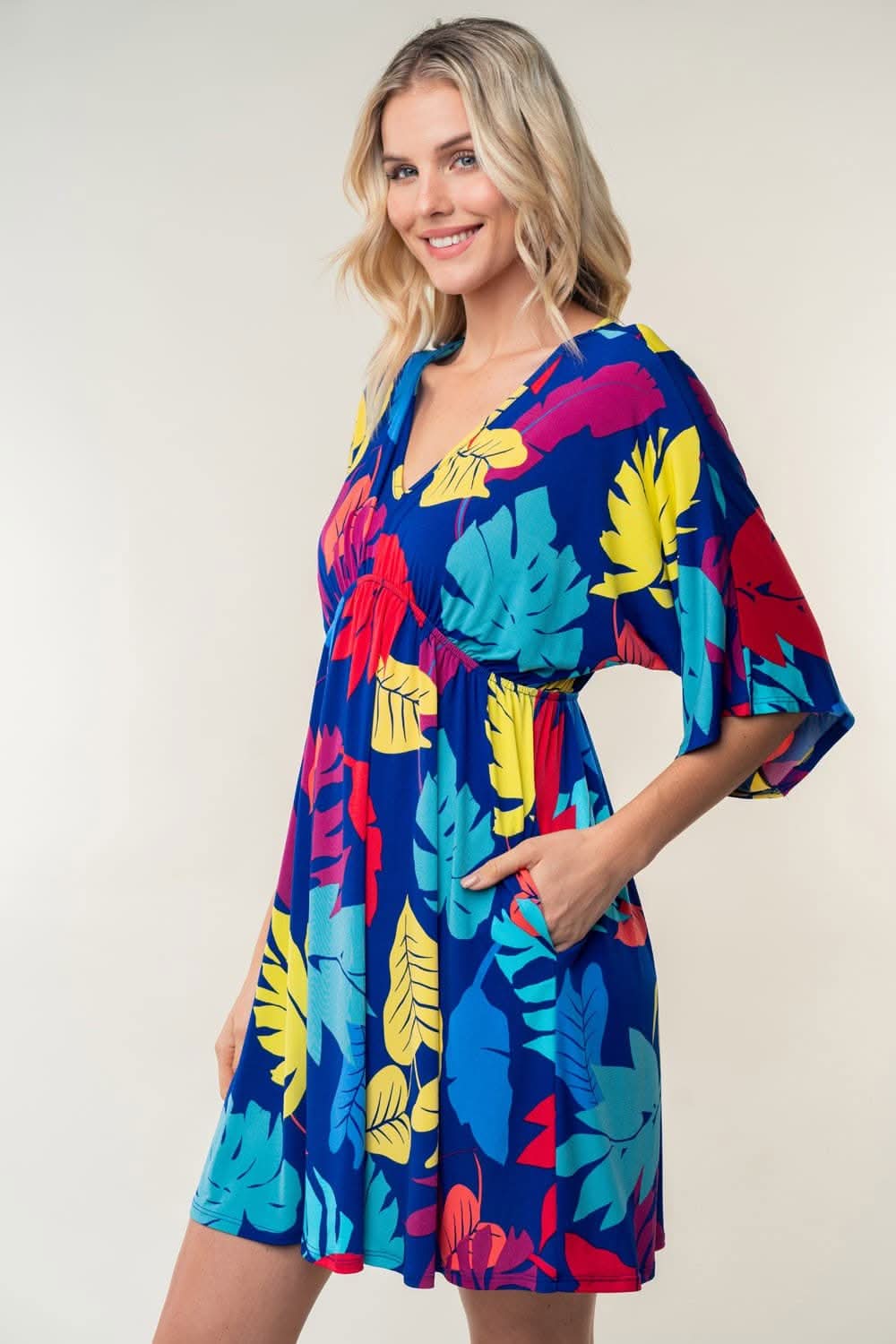 White Birch Full Size Printed V-Neck Mini Dress - Love Salve 