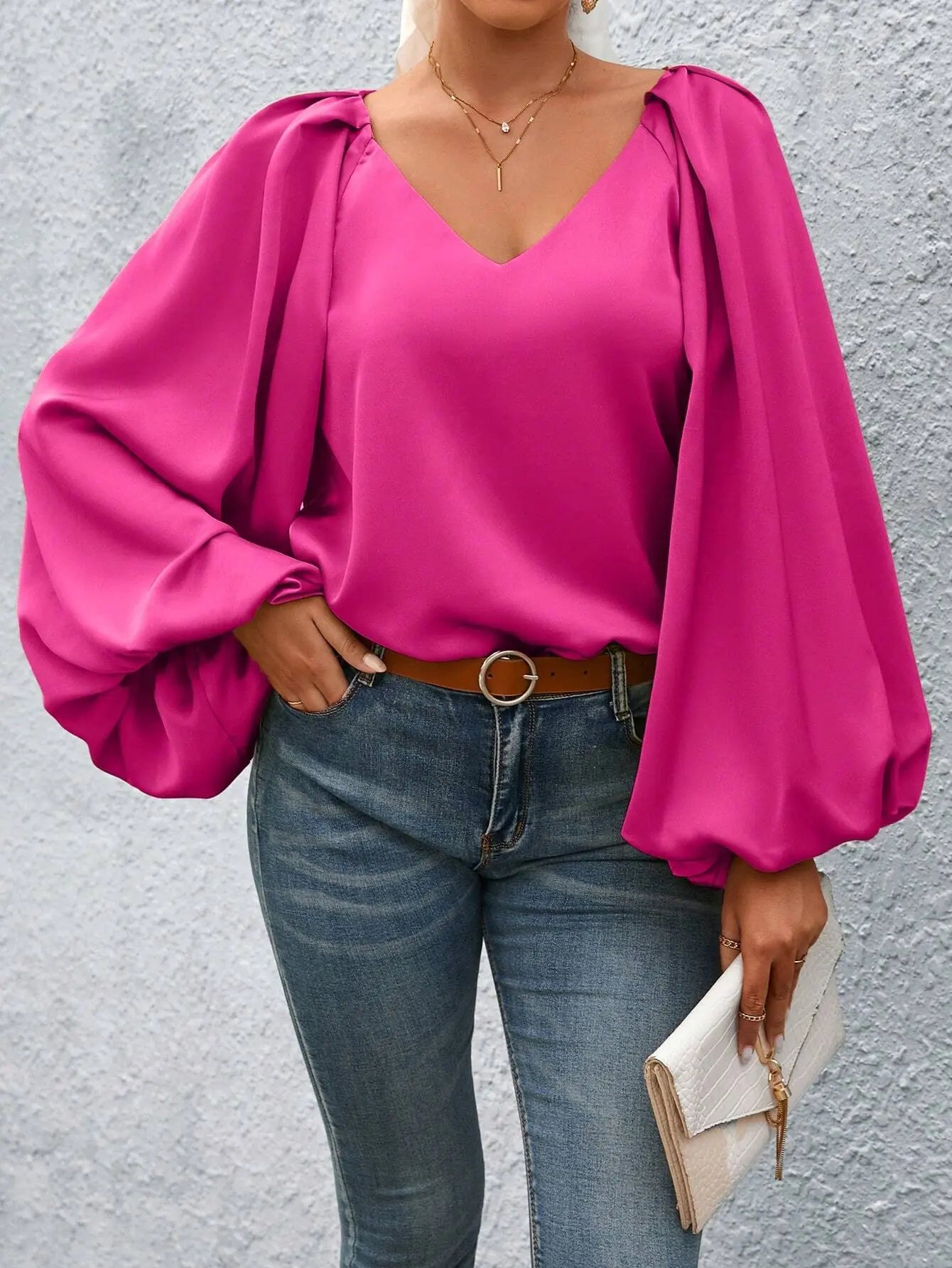 Lantern Sleeve Blouse With V Neck And Puff Sleeves Lightweight Fabric Miss Sparkling