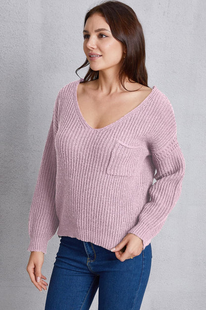 V-Neck Pocketed Dropped Shoulder Knit Top.