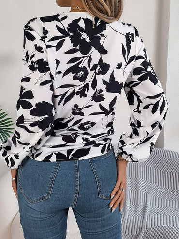 Printed V-Neck Long Sleeve Blouse.