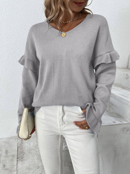 Ruffled V-Neck Dropped Shoulder Sweater.