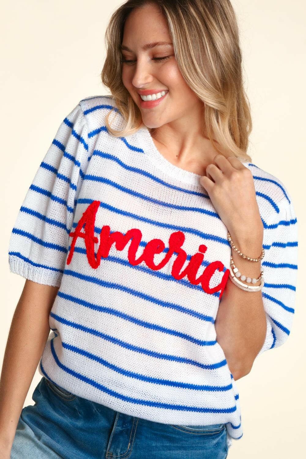 Haptics Letter Embroidery Striped Knit Top.