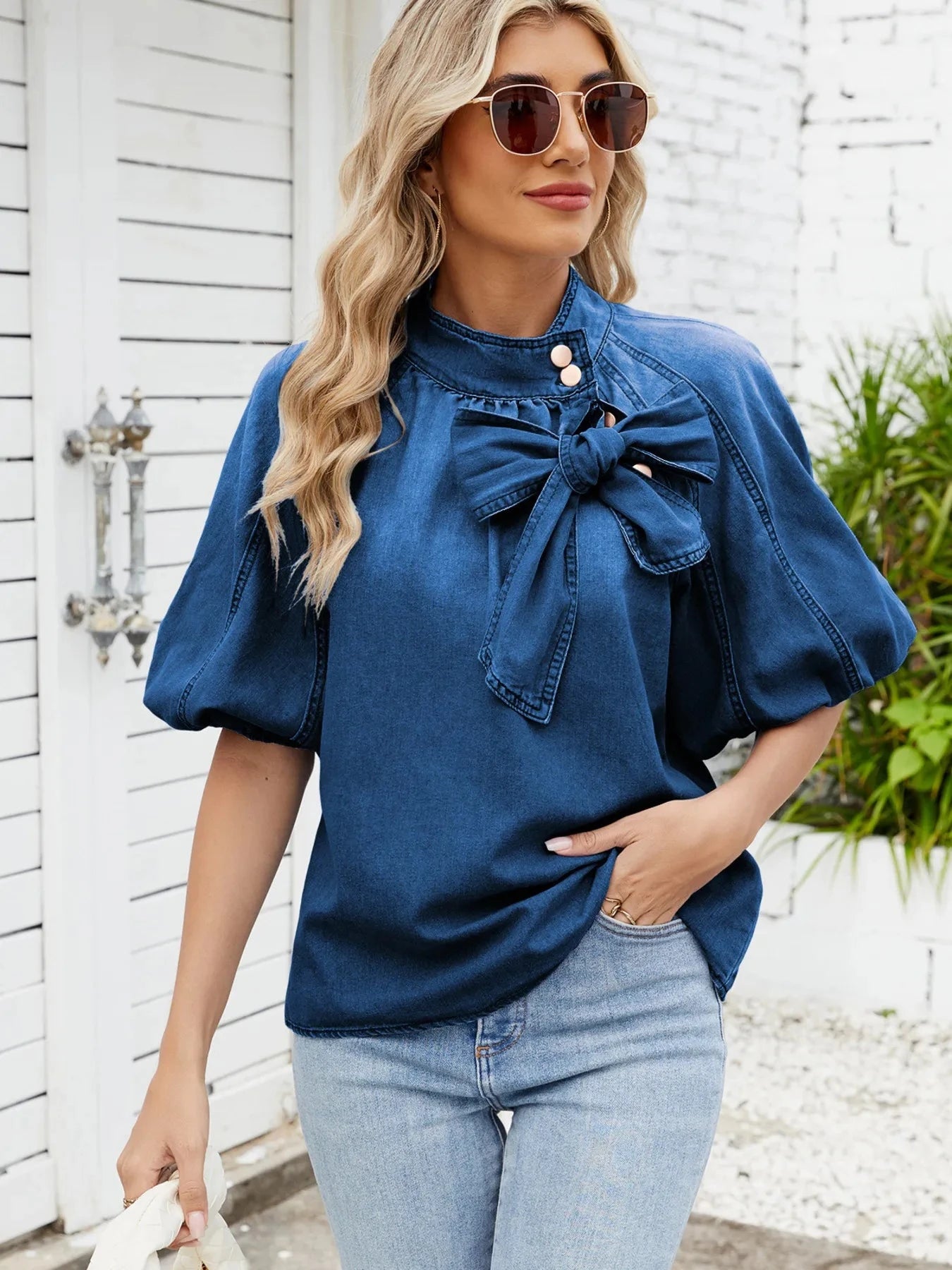Denim Bow Tie Puff Sleeve Top Coco’s Tee Boutique