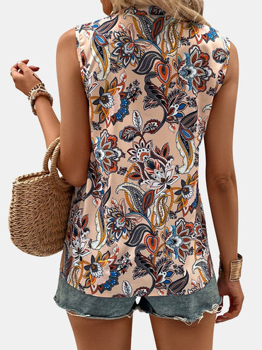 Printed Notched Sleeveless Top.