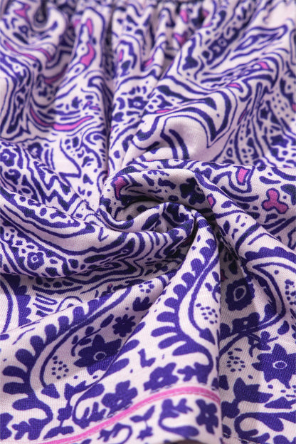 Purple Bohemian Paisley Print Shirred Peplum Blouse with Half Sleeves