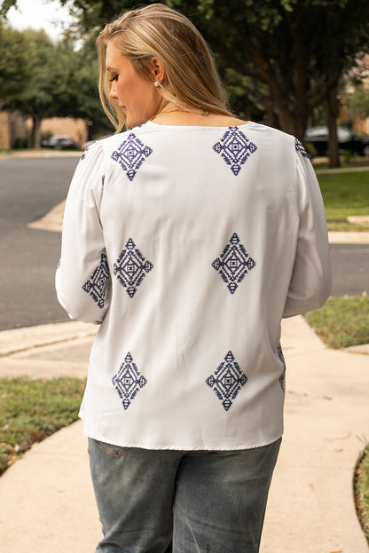 Chic white boho geometric print plus size blouse with bracelet sleeves