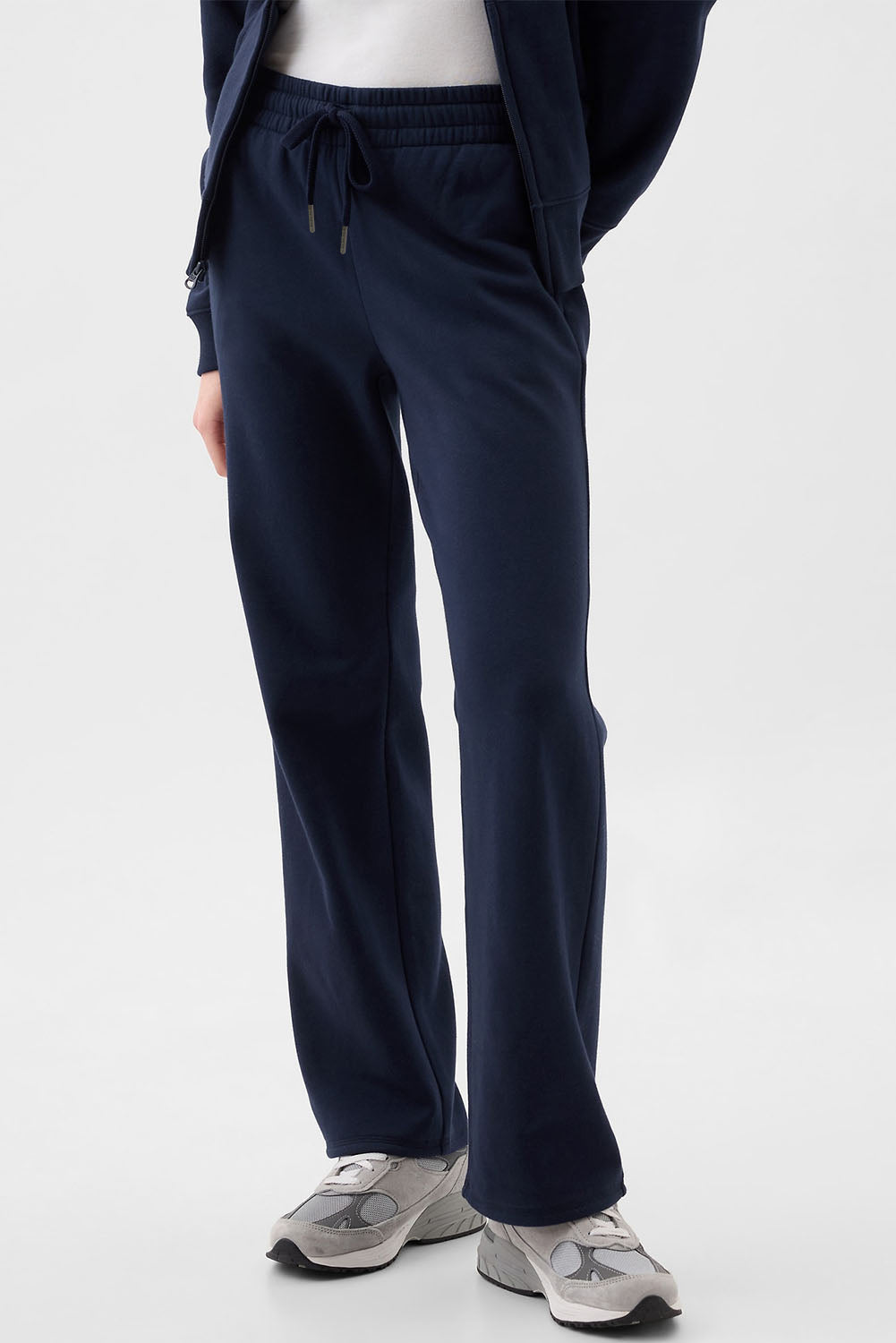 Navy blue fleece-lined casual pants with drawstring waist