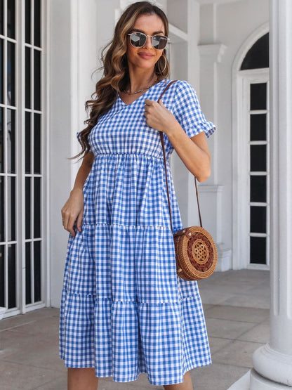 Plaid V-Neck Short Sleeve Midi Dress.