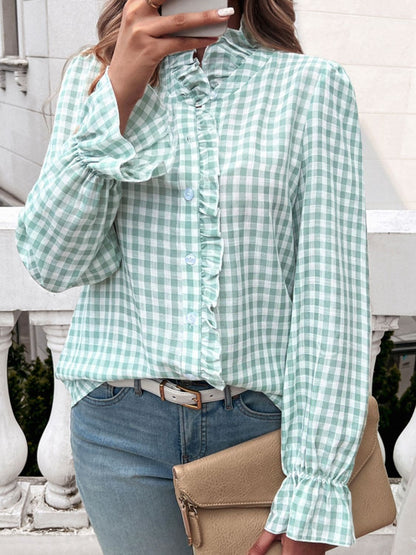 Frill Ruffled Plaid Long Sleeve Shirt.