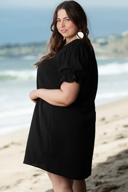 Elegant black ruffled mini dress with puff sleeves for plus sizes