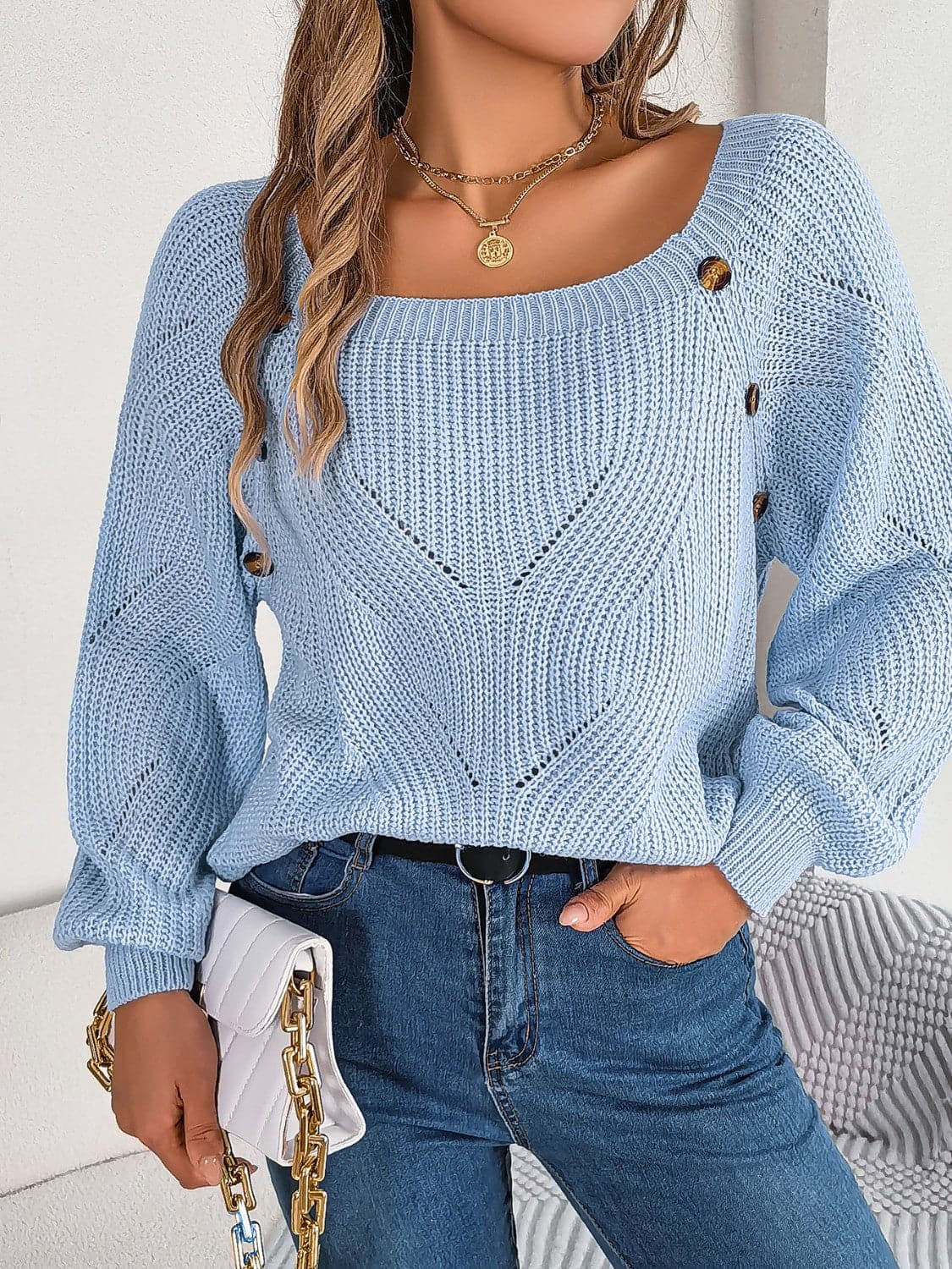 Openwork Buttoned Square Neck Sweater.