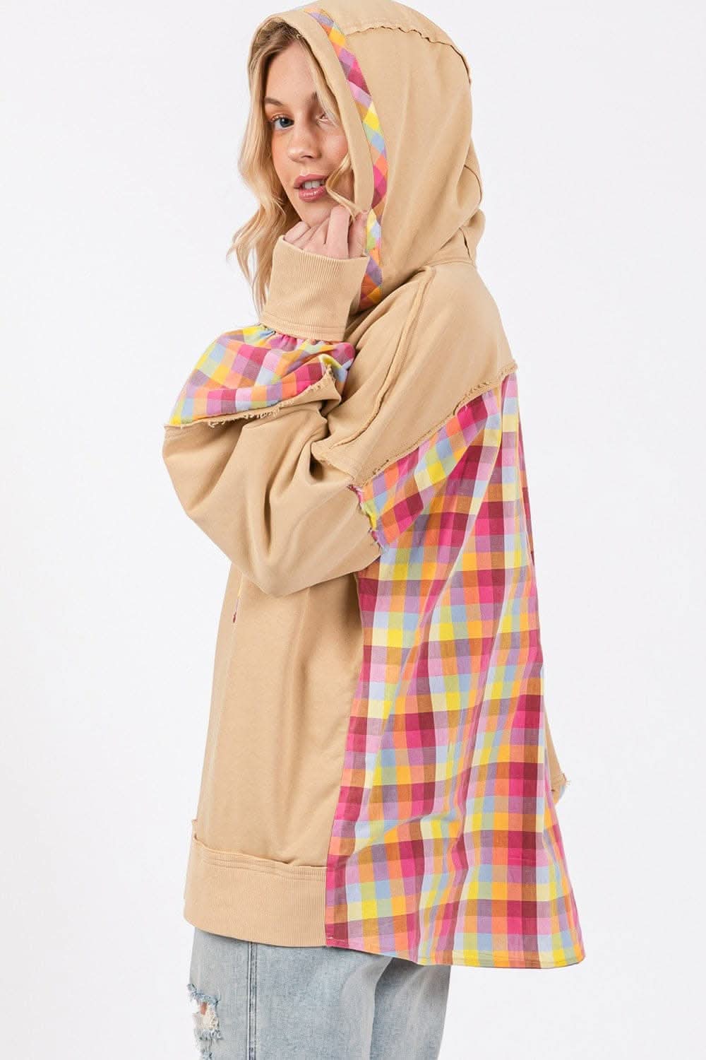 SAGE + FIG Full Size Plaid Print Washed Hoodie - Love Salve 