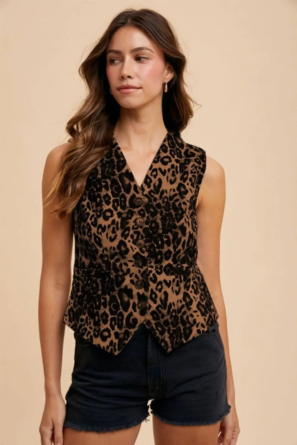 Annie Wear Stretch Leopard Denim Button Down Vest - Love Salve 