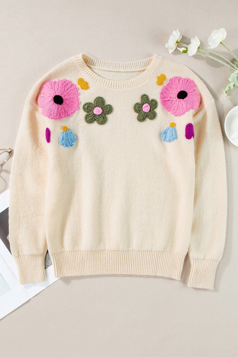 Crochet Flower Round Neck Dropped Shoulder Sweater.