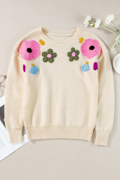 Crochet Flower Round Neck Dropped Shoulder Sweater.