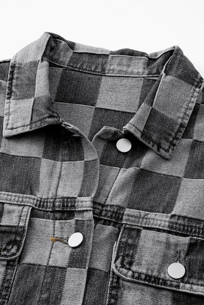 Black Checkered Patchwork Button up Denim Jacket