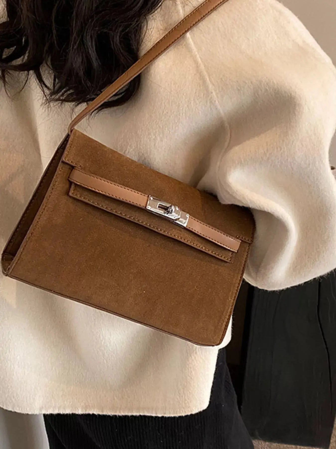 Solid Color Buckle Shoulder Bag Simply Love