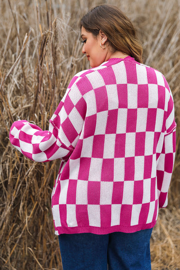 Stylish checkered open front cardigan for plus sizes