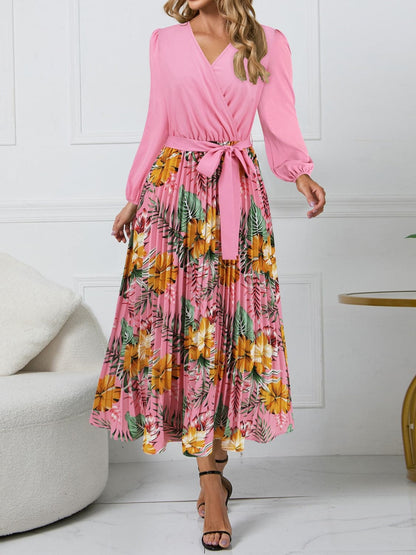 Pleated Printed Surplice Long Sleeve Dress.