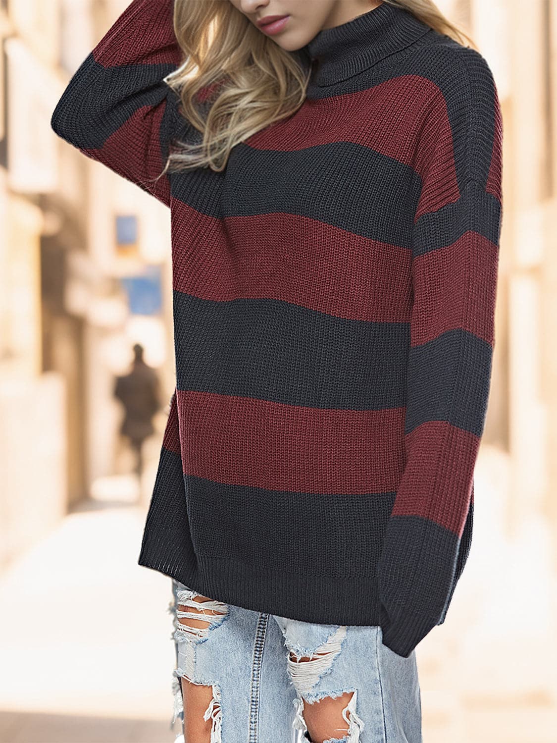 Striped Turtleneck Long Sleeve Sweater.