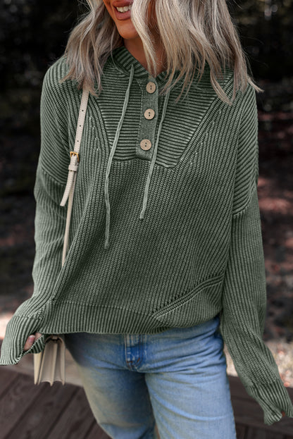 Mist Green Mineral Wash Ribbed Knit Hooded Sweater