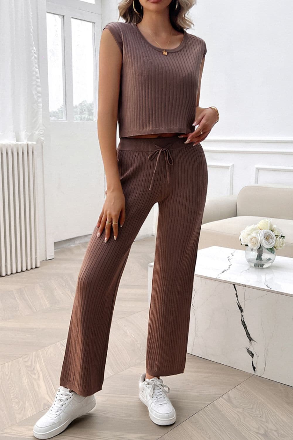 Ribbed Round Neck Top and Pants Set.