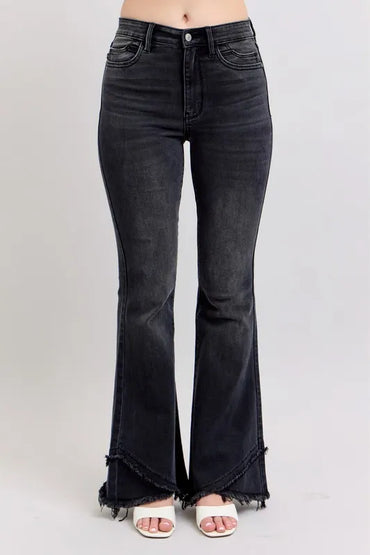 Judy Blue Full Size High Waist Flare Jeans With Mock Fray Tulip Hem Plus Size - Love Salve 
