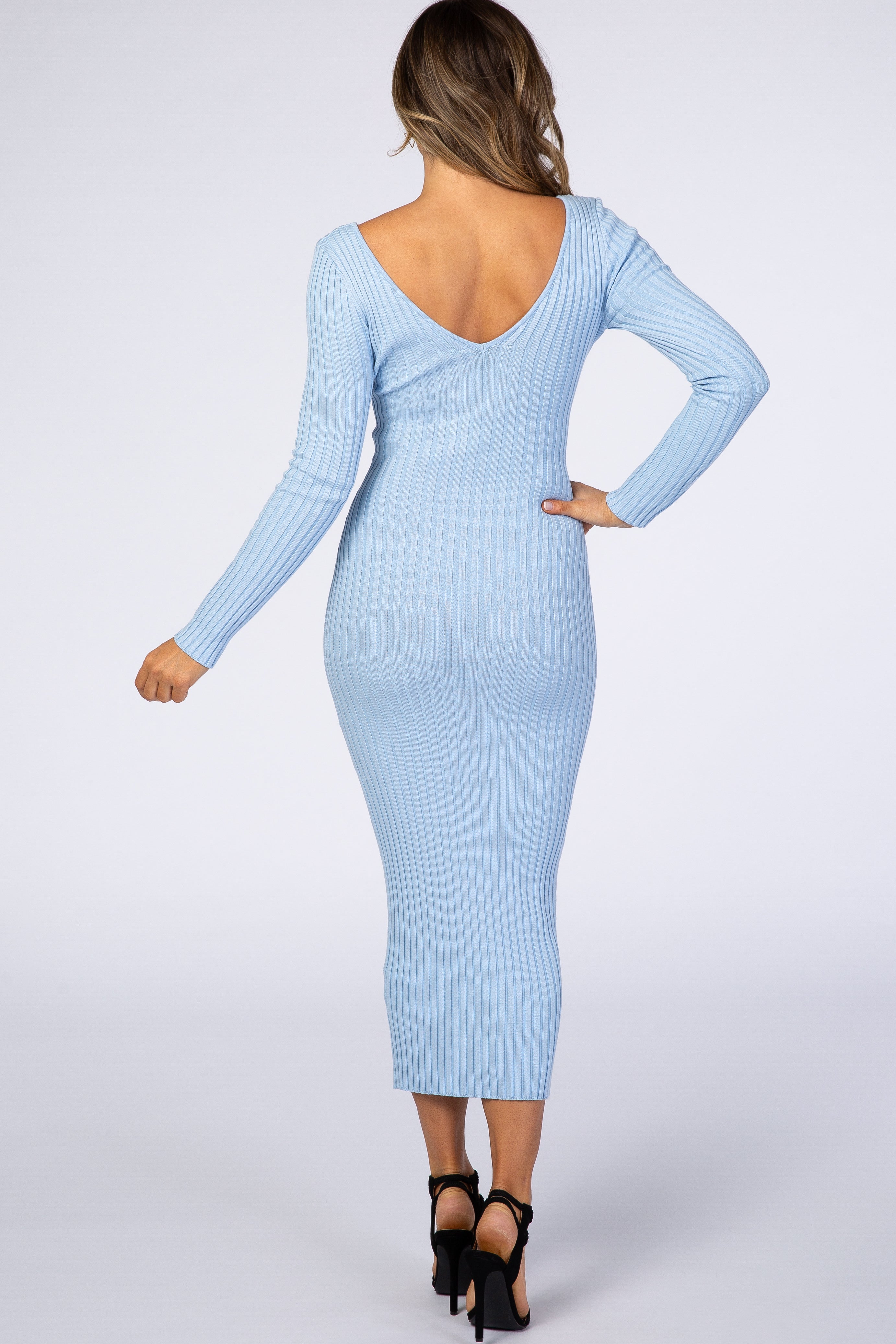 Light Blue Ribbed Knit V Neck Long Sleeve Fitted Maxi Dress PinkBlush