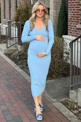 PinkBlush Light Blue V-Neck Long Sleeve Fitted Maternity Maxi Dress, a stylish option for maternity fashion.