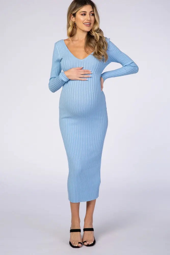 Light Blue V Neck Long Sleeve Fitted Maternity Maxi Dress PinkBlush