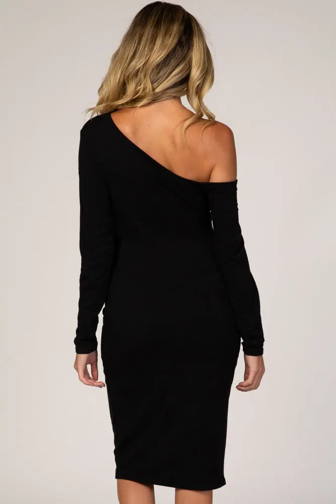 PinkBlush Black One Shoulder Fitted Midi Maternity Dress PinkBlush