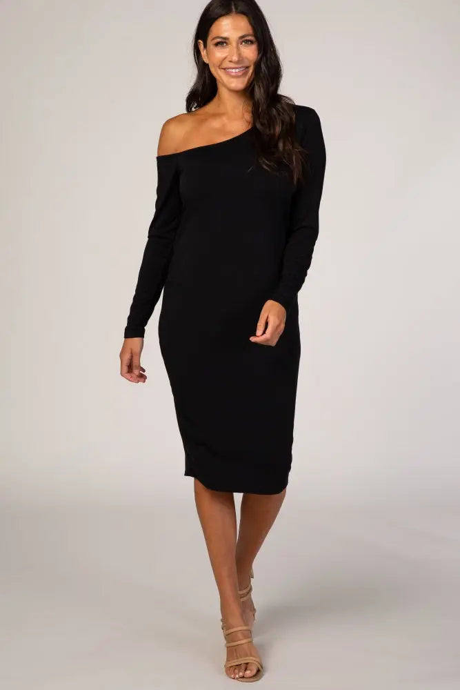 PinkBlush Black One Shoulder Fitted Midi Maternity Dress PinkBlush