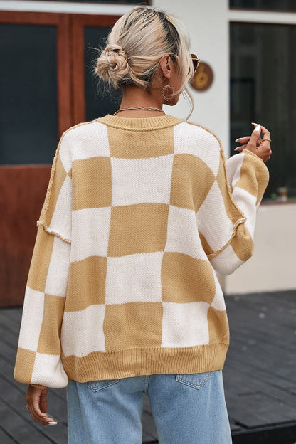 Checkered Exposed Seam Drooped Shoulder Sweater.