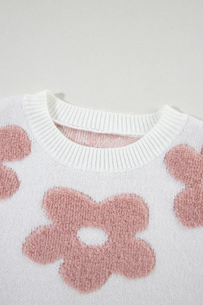 Flower Round Neck Long Sleeve Knit Top.