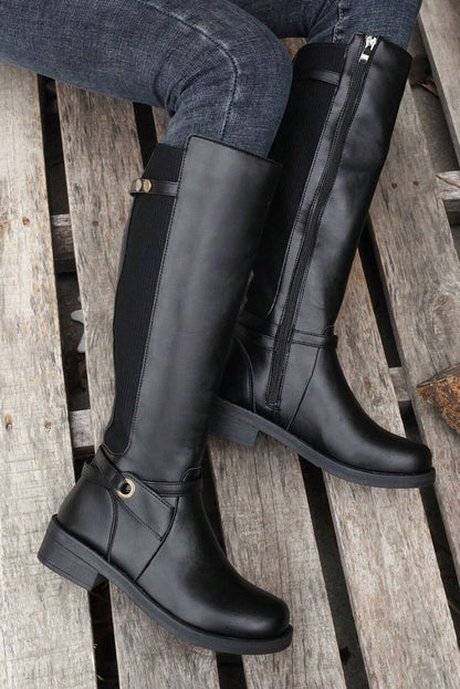 Chic Black Knee-High Faux Leather Boots with Side Zipper and Chunky Heel