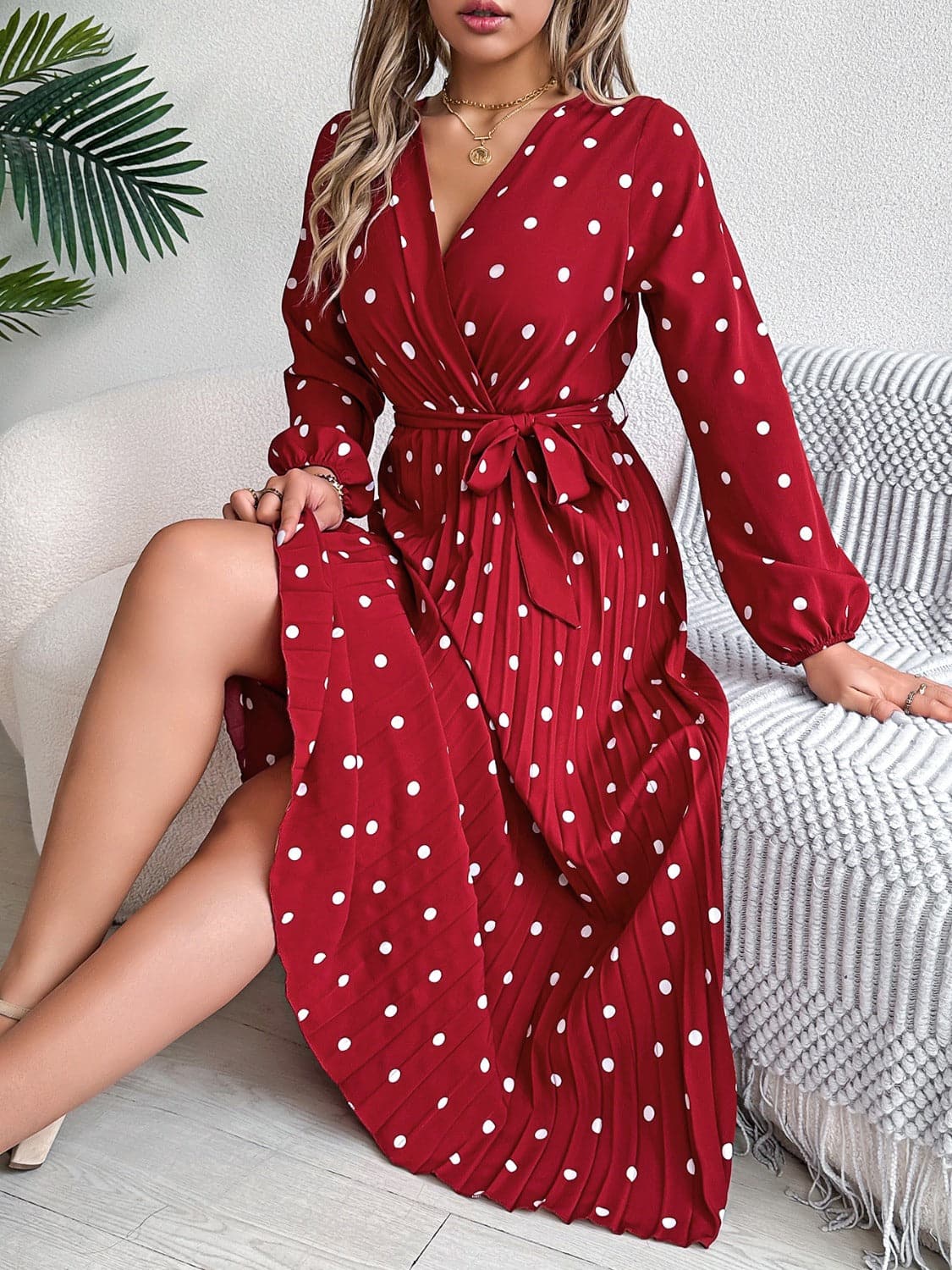 Tied Polka Dot Long Sleeve Midi Dress.