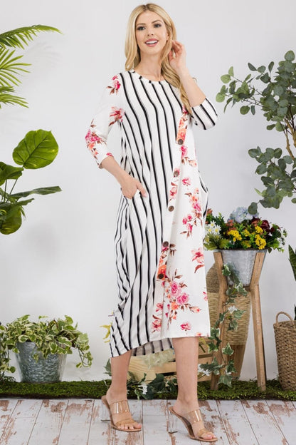 Celeste chic floral and striped midi-dress with pockets