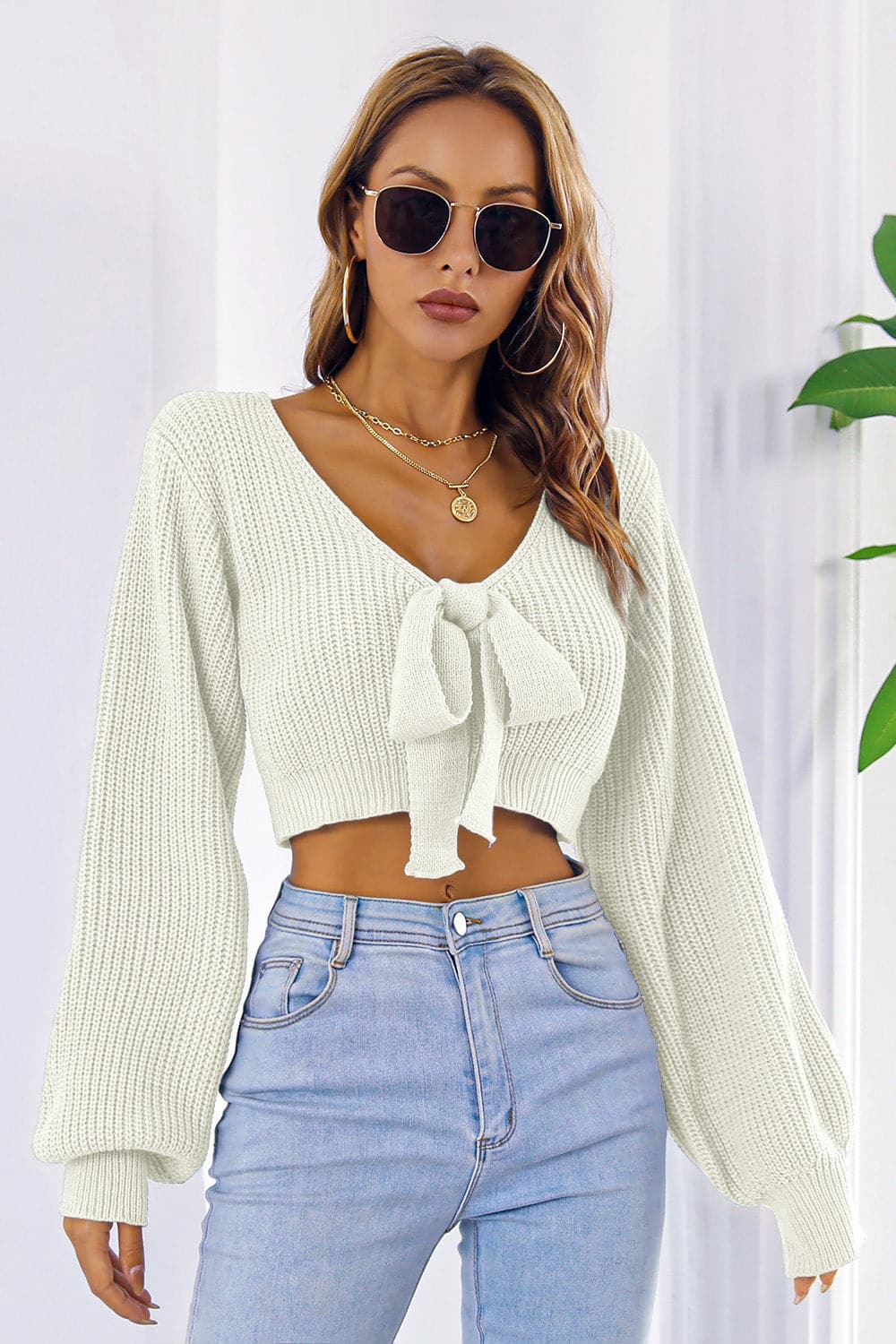 Bow V-Neck Long Sleeve Cropped Sweater.