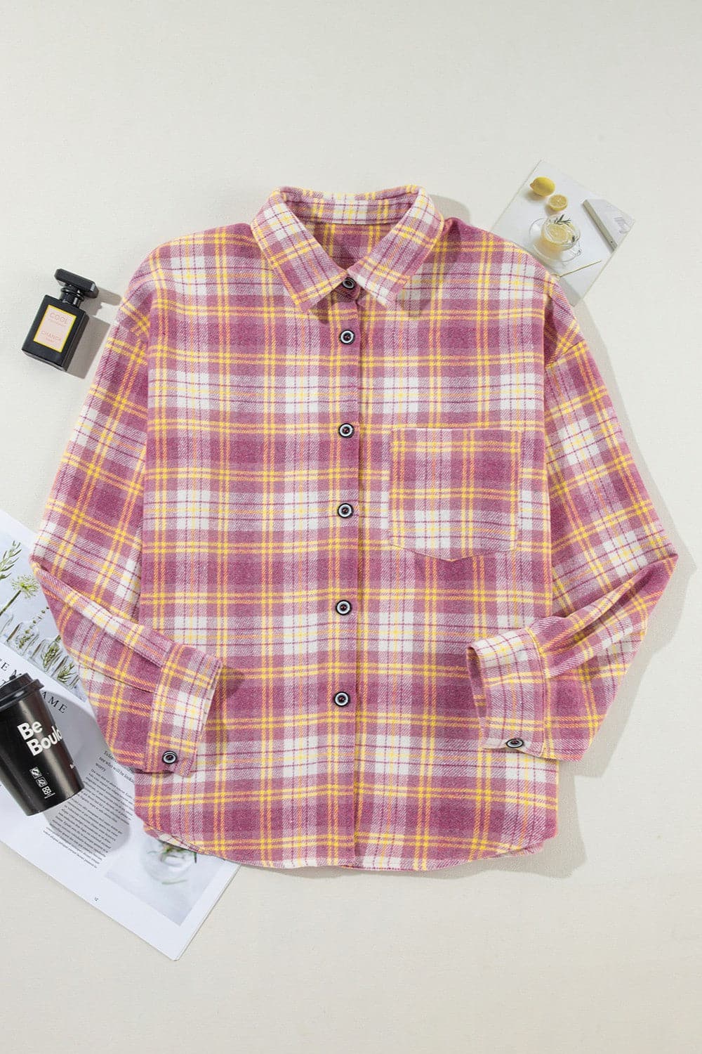 Plaid Collared Neck Long Sleeve Shacket.