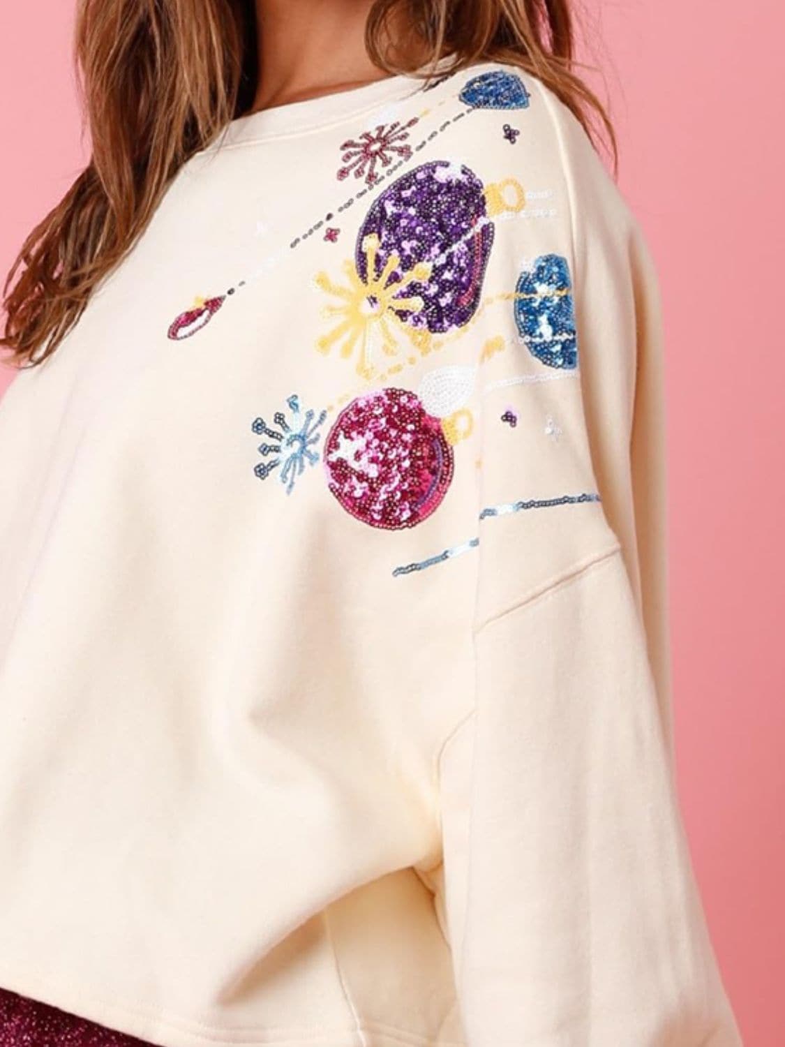 Sequin Round Neck Dropped Shoulder Sweatshirt.