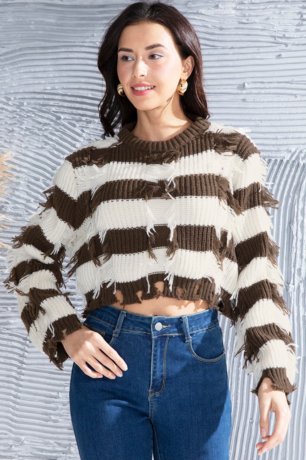 Striped Fringe Round Neck Sweater.