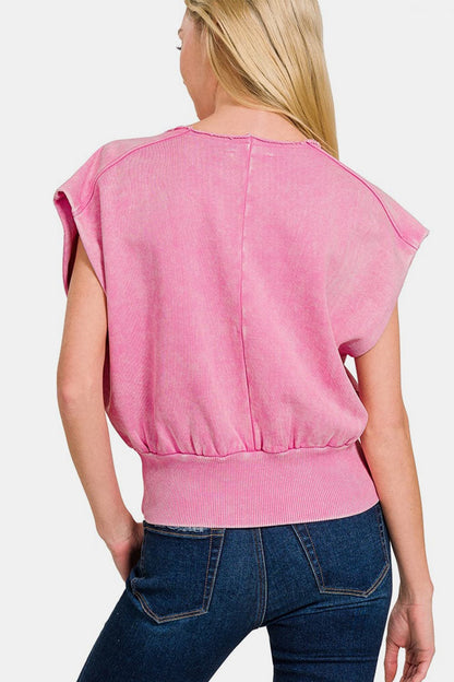 Zenana Washed Boat Neck Bottom Banded Dolman Sleeve Top.