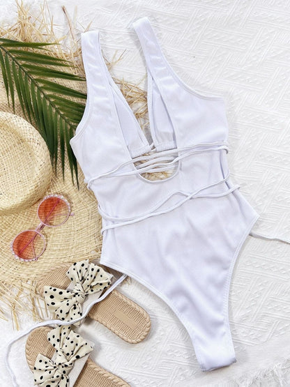 Ribbed Lace Up One-Piece Swimsuit.