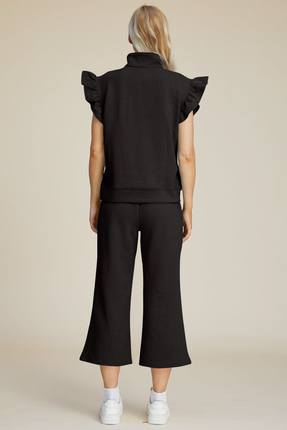 Double Take Full Size Texture Ruffle Short Sleeve Top and Wide Leg Pants Set.